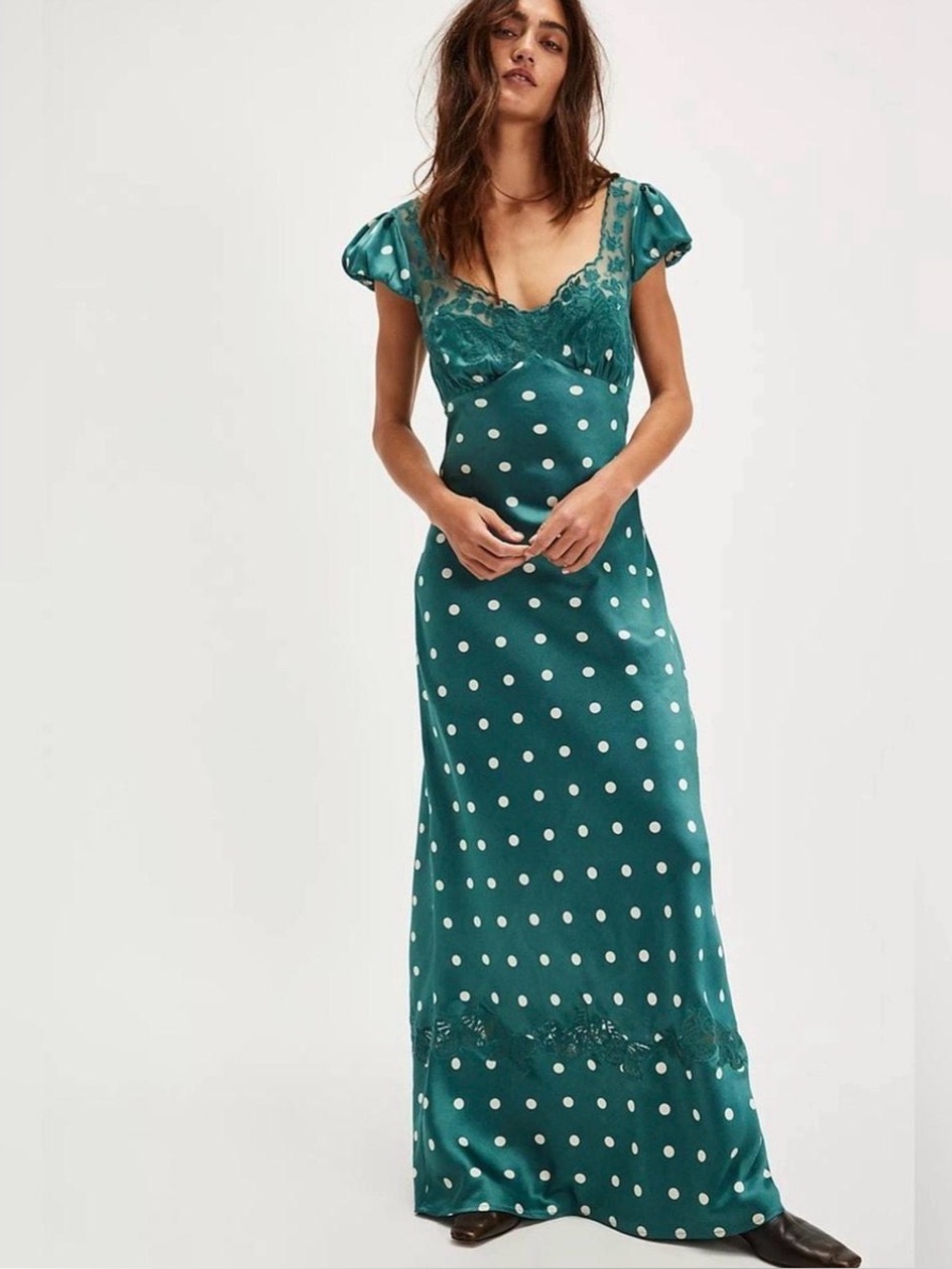 Free People Womens Butterfly Babe Polka Dot Sz Small Green Satin Maxi Dress EUC